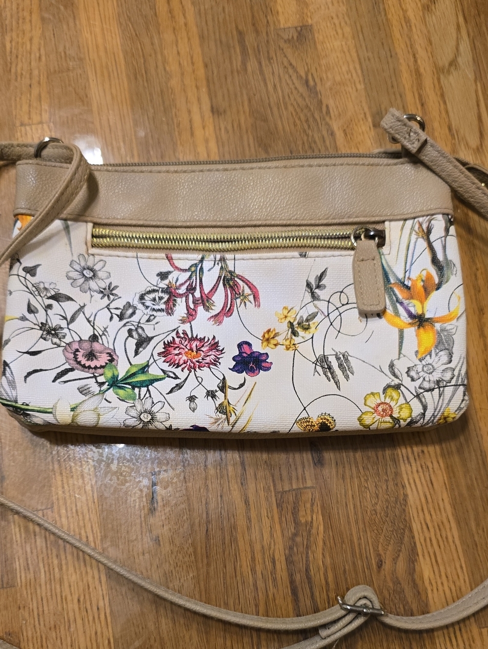 Source Unknown Floral Crossbody Bag in White and Tan with Multicolor Accents
